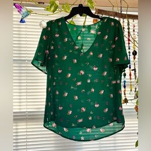 Floral V-Neck Blouse - Emerald Green
